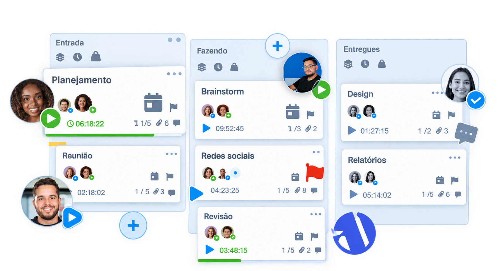 Kanban visual de tarefas e atendimentos no MultiAtend colunas Entrada, Fazendo e Entregues